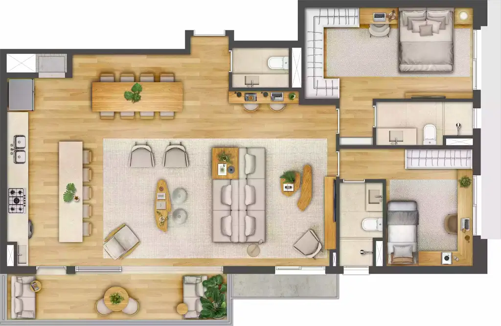 Planta do apartamento com living estendido do Jazz Nova York em Porto Alegre/RS